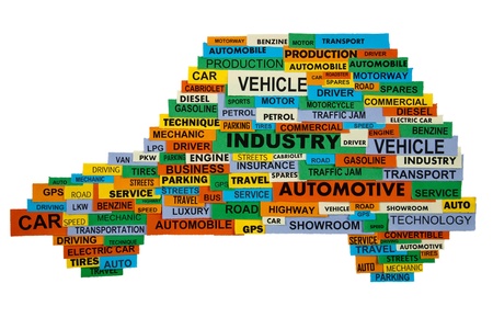cloud of words describing the automotive industry presented in the shape of the carの写真素材