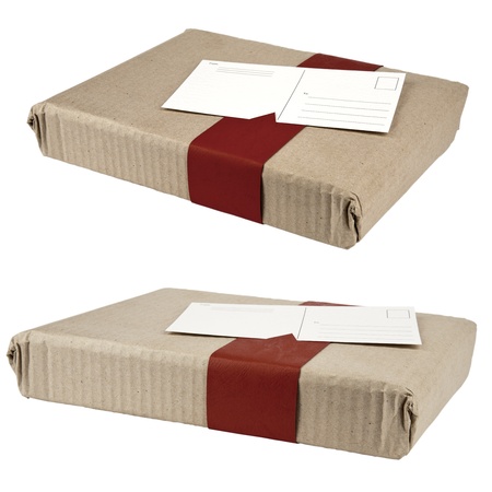 small packages together with the attached the post cardsの写真素材