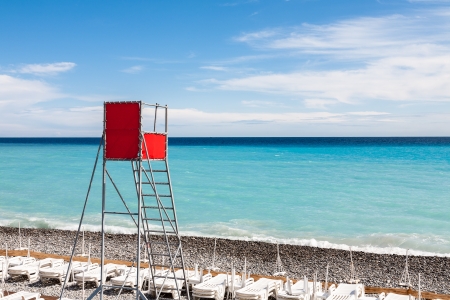 empty lifeguard observation place on a beach in Niceの写真素材