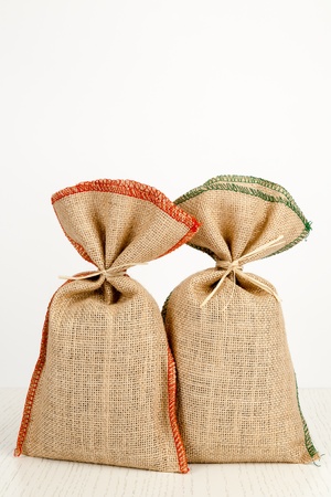 jute bags decorated with colored thread in them, for example, spicesの写真素材