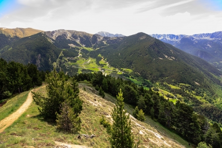 Green forested mountains and beautiful valleys through such a wonderful areas lead hiking trails in Andorraの写真素材