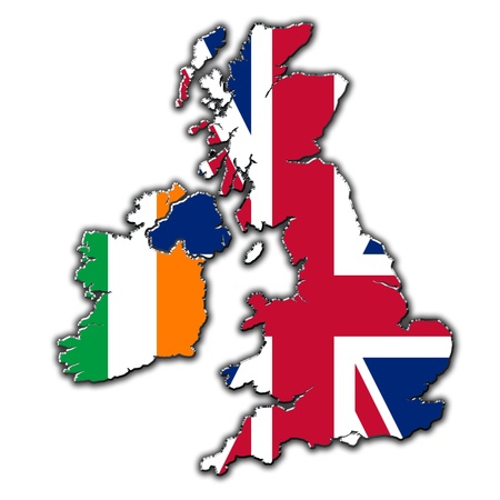 Stylized outline map of United Kingdom and Ireland covered in flagsの写真素材