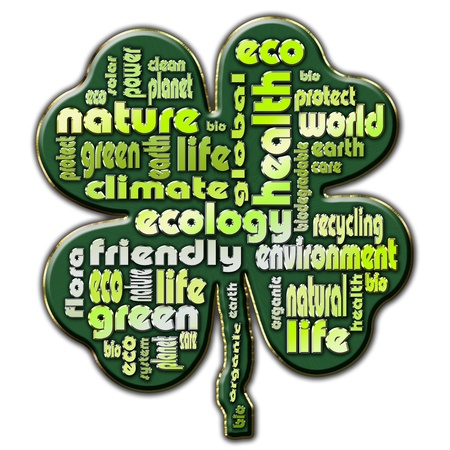 Words that describe the ecological issues presented in the shape of a four leaf cloverの写真素材