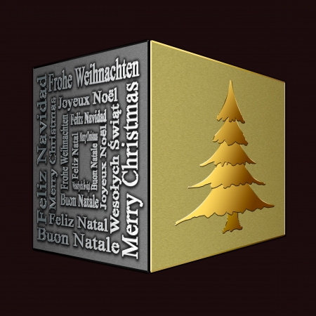 Merry Christmas in several languages and Christmas treeの写真素材