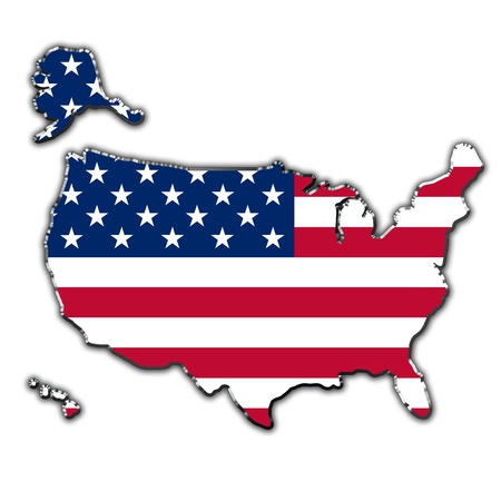 Outline map of United States of America covered in flag of USAの写真素材