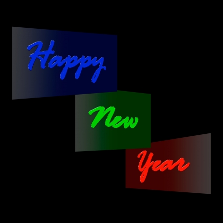 Happy New Year words presented in the form of three different banners in three different colorsの写真素材