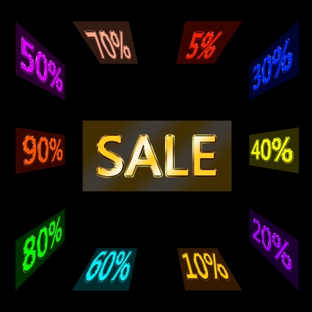 Word sale, written with golden letters and around the cloud of various reductionsの写真素材