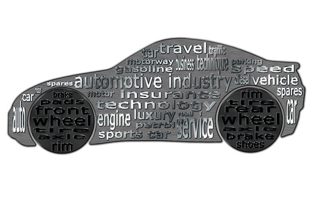 The automotive industry is shown in the form of clouds of words typed in the contour of a sports carの写真素材