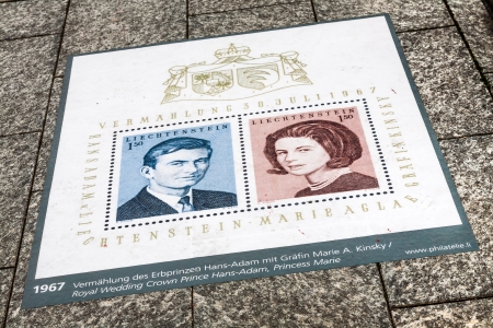 LIECHTENSTEIN, VADUZ - MAY 18: Post stamps presented on the street in Vaduz on May 18, 2012. The presentation is an invitation to visit the famous The Postage Stamp Museum in Vaduz.のeditorial素材