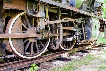 The old steam locomotive and its wheels are on the rusty railsの写真素材