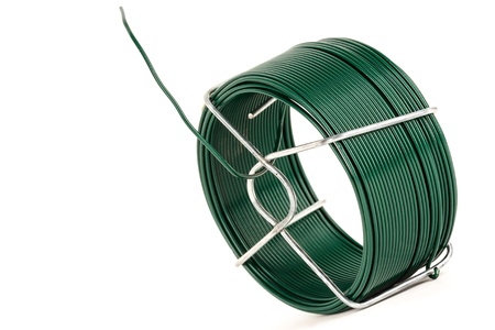 Steel wire covered with green plastic is packed for retail tradeの写真素材