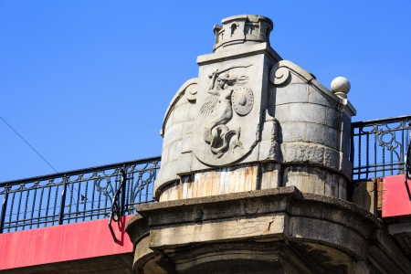 WARSAW - APRIL 07: Coat of arms of Warsaw mermaid mythological figure known since 1390, placed on top of the pillar of the Poniatowski Bridge in Warsaw in Poland on April 07, 2013のeditorial素材