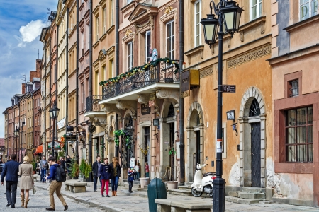 WARSAW - APRIL 13: Tenements facades on the side of Barssa at Old Town Square completely destroyed during World War II and reconstructed in the years 1949 - 1953 in Warsaw, Poland on April 13, 2013のeditorial素材