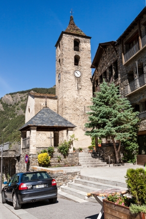 ORDINO - JUNE 04: Belltower of the 12th century Romanesque Sant Corneli and Sant Cebria church the most northerly parish in the Principality of Andorra in Ordino in Andorra on June 04, 2012のeditorial素材
