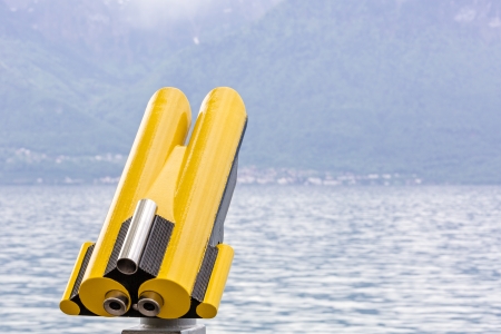 Observation telescope over the Lake Geneva in Veveyの写真素材