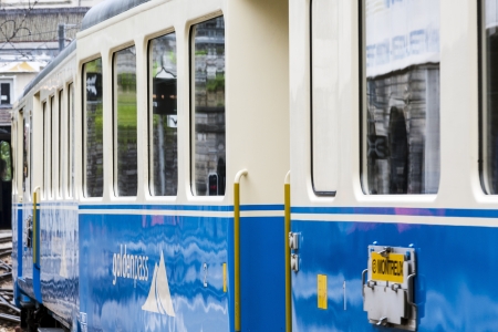 MONTREUX - MAY 28: Goldenpass train arrives to Montreux, MontreuxâOberland Bernois, one of the oldest electric railways in the country, main line, 62.4 km in Montreux in Switzerland on May 28, 2013のeditorial素材