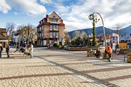 ZAKOPANE - NOVEMBER 18: The Tenement built in the early 20th century by Franciszek Smeja furrier, at the place of the old wooden workshop in Zakopane, Poland on November 18, 2013のeditorial素材