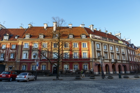 WARSAW - DECEMBER 28: Townhouses of New Town Market at northern frontage, destroyed during World War II in 1944, rebuilt after the war, in Warsaw in Poland on December 28, 2013のeditorial素材