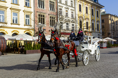 KRAKOW, POLAND - FEBRUARY 26, 2014  Horse-drawn carriage at the Market Square, from January 01, 2013 standardized the color, total length of no more than 7 0 m, can be harnessed to a max of two horsesのeditorial素材