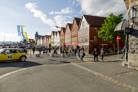 BERGEN, NORWAY - JUNE 09, 2011  Bryggen, row of wooden commercial buildings, dating from year 1360, repeatedly  rebuilt after fires , most recently in 1955 , since 1979 included on  UNESCO World Heritage Listのeditorial素材