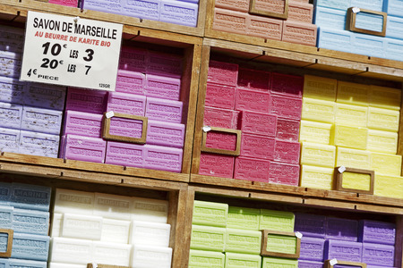 NICE, FRANCE - MAY 11, 2014  Marseille soap also called Savon de Marseille, put up for sale at the market, traditional soap made from vegetable oils, under the same name produces for about 600 yearsのeditorial素材