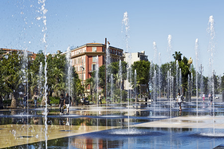 NICE, FRANCE - MAY 24, 2014  Fountain at Promenade du Paillon, a part of 12-hectare urban park, 1 2 km long, in the heart of the City, official opened after three years of work in October 2013のeditorial素材