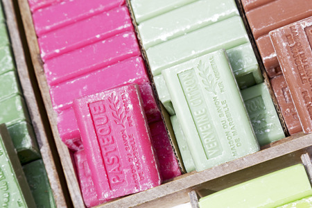 NICE, FRANCE - MAY 11, 2014  Marseille soap also called Savon de Marseille, put up for sale at the market, traditional soap made from vegetable oils, under the same name produces for about 600 yearsのeditorial素材