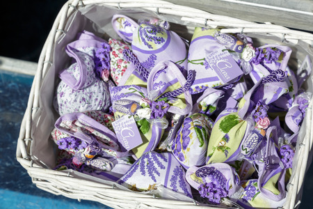 NICE, FRANCE - MAY 15, 2014  Lavender sachets, offered under the well known brand name Clara en Provence, popular gift from Provence because of its sophisticated fragranceのeditorial素材