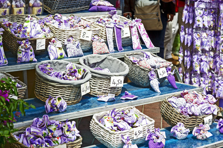 NICE, FRANCE - MAY 11, 2014: Lavender sachets, offered under the well known brand name Clara en Provence, popular gift from Provence because of its sophisticated fragranceのeditorial素材