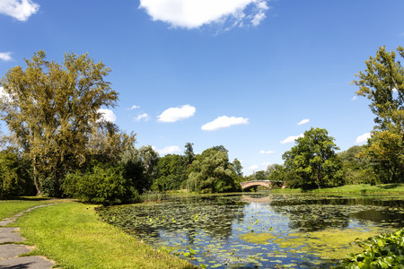 WARSAW, POLAND - AUGUST 20, 2014: Lake, Jezioro Wilanowskie seen from the garden built in the 2nd half of the 17th century and belonging to the suburban residence of King Jan III Sobieskiのeditorial素材