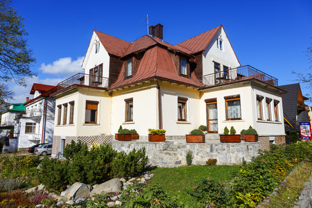 ZAKOPANE, POLAND - OCTOBER 14, 2014: Holiday House called Skalnica, formerly Mirabella, building of 1929, the regional style of architecture, offers 10 guestroomsのeditorial素材