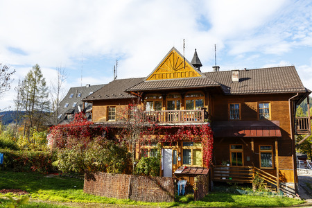 ZAKOPANE, POLAND - OCTOBER 16, 2014: Wooden Villa Krywan, formerly known as Karpacka, built approx. 1898, listed in the municipal register of architectural heritageのeditorial素材