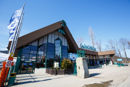 ZAKOPANE, POLAND - MARCH 10, 2015: Architecture lower station of the funicular to the top of Gubalowka, built in 1938, completely modernized in 2001のeditorial素材