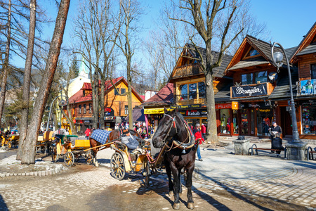 ZAKOPANE, POLAND - MARCH 09, 2015: Harnessed Horse stands, at the Krupowki street, the main shopping area and pedestrian promenade in the downtownのeditorial素材