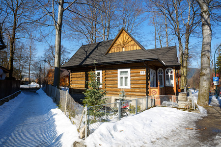 ZAKOPANE POLAND  MARCH 09 2015: Made of wood Villa Maciejowka built early 20th century with historic features listed in the municipal register of architectural heritage of the cityのeditorial素材