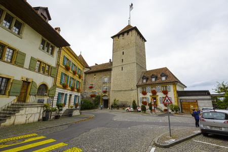 MORAT MURTEN, SWITZERLAND - SEPTEMBER 15, 2015: Castle Of Murten dates to the time of Count Peter of Savoy II who ordered its construction in 1255, Today's castle dates back to 1755のeditorial素材