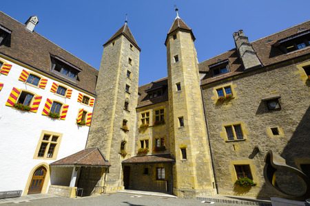 NEUCHATEL, SWITZERLAND - SEPTEMBER 09, 2015: Courtyard of the castle, architectural buildings date back to the 12th century. The Castle of Neuchatel is a Swiss heritage site of national significanceのeditorial素材
