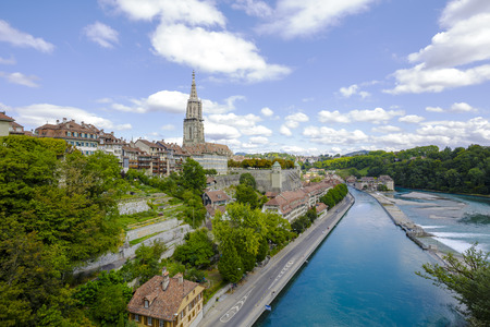 BERN, SWITZERLAND - SEPTEMBER 06, 2015: General view of Bern and the steeple of the cathedral towering over the city. The Capital City of Switzerland it is the 4th most populous city in Switzerlandのeditorial素材