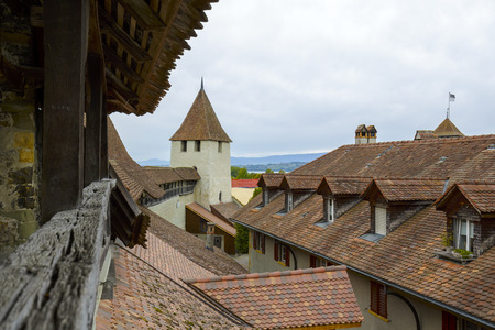 MORAT, SWITZERLAND - SEPTEMBER 15, 2015: A view towards city roofs, seen from Town Rampart Walls built in several stages but its beginning dated from before the town's construction of the 12th centuryのeditorial素材