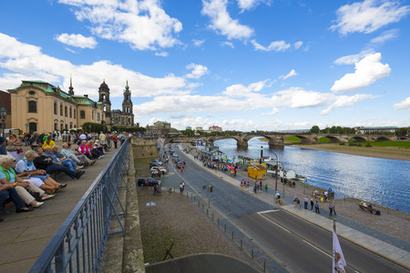 DRESDEN, GERMANY - SEPTEMBER 19, 2015: General view of river Elbe, it flows through the capital city of the Free State of Saxony with the population of approx. 781,000 citizens urbanのeditorial素材