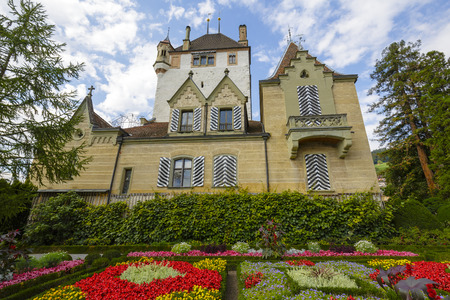 OBERHOFEN, SWITZERLAND - SEPTEMBER 08, 2015: Castle of Oberhofen dates back history to the 13th century. Branch museum of the Historic Museum of Berne opened to the public since 1954のeditorial素材
