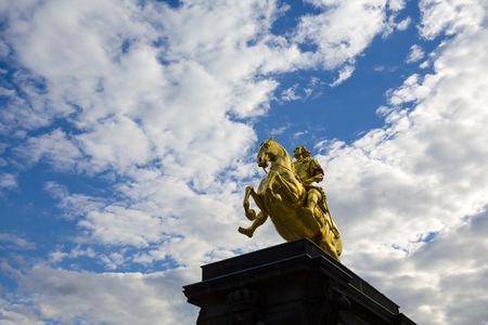 DRESDEN, GERMANY - SEPTEMBER 19, 2015: The Goldener Reiter Golden Rider, the gilded equestrian statue of Augustus the Strong, erected in 1736, three years after the death of the rulerのeditorial素材