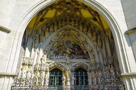 BERN, SWITZERLAND - SEPTEMBER 13, 2015: The sculptures of the Last Judgement placed over the main portal of The Cathedral, it is one of the most complete Late Gothic sculpture collections in Europeのeditorial素材