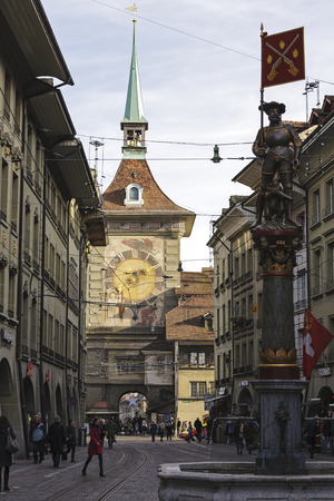 BERN, SWITZERLAND - DECEMBER 22, 2015: The west front of the Clock Tower 1191-1256, Zytglogge, Swiss Cultural Property of National Significance located at the end of the Kramgasse in Old Cityのeditorial素材