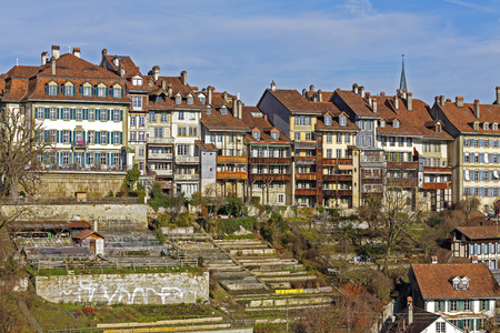 BERN, SWITZERLAND - DECEMBER 22, 2015: The outer townhouses of the medieval Old Town. The Capital...