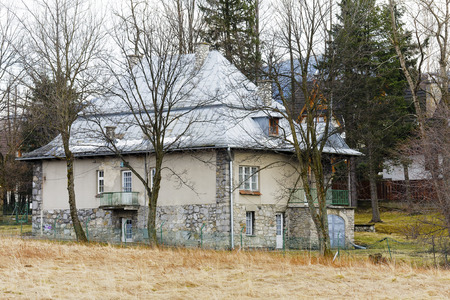 ZAKOPANE, POLAND - MARCH 09, 2016, Brick villa is a dwelling house built in the first quarter of the 20th century, stone foundation and sloping roofs refer to the architectural style of the regionのeditorial素材