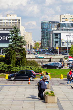 WARSAW, POLAND - APRIL 16, 2016: View showing an ordinary scene in downtown in the largest city in terms of population (approx. 1.7 million inhabitants) in the countryのeditorial素材