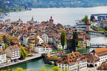 LUCERNE, SWITZERLAND - MAY 04, 2016: General view towards Old City. A variety of buildings shows unique character of the City which offers multitude of tourist attractionsのeditorial素材