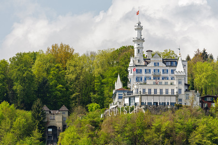 LUCERNE, SWITZERLAND - MAY 04, 2016: Gutsch castle with its hotel and restaurant is located on a hill over the city. Its unique architecture and its location makes it one of the tourist attractionsのeditorial素材