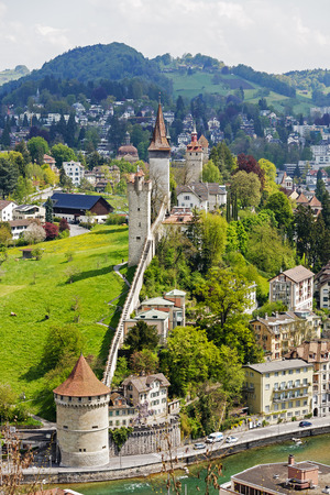 LUCERNE, SWITZERLAND - MAY 04, 2016: Towers of Lucerne's ancient city walls. These historic fortifications are called Musseg and are mostly very well preservedのeditorial素材